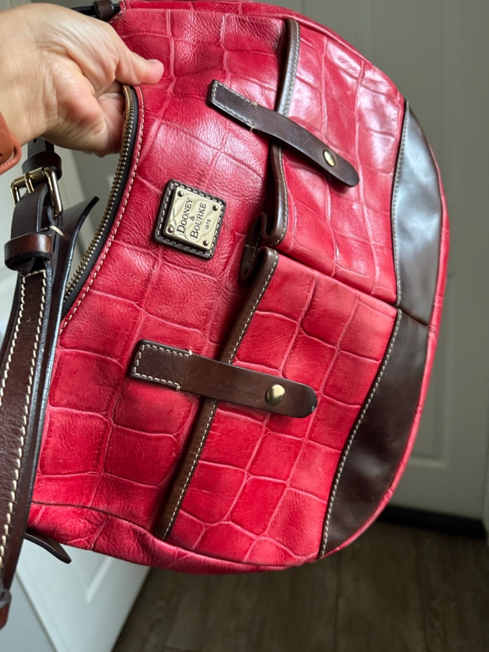 Dooney & Bourke Pink Fabric Interior with Brown Leather Trim